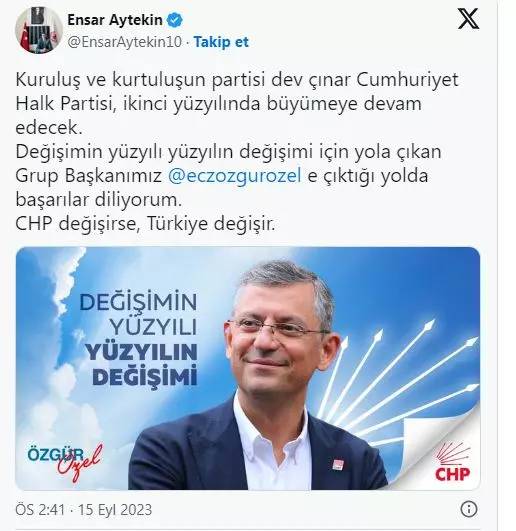 CHP genel başkanlığına aday olduğunu açıklayan Özgür Özel'e  art arda tebrik mesajı, ilk tebrik İmamoğlu'ndan 12