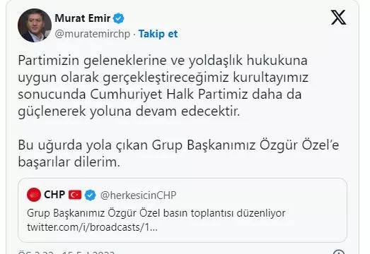 CHP genel başkanlığına aday olduğunu açıklayan Özgür Özel'e  art arda tebrik mesajı, ilk tebrik İmamoğlu'ndan 6