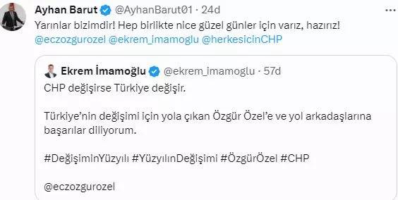 CHP genel başkanlığına aday olduğunu açıklayan Özgür Özel'e  art arda tebrik mesajı, ilk tebrik İmamoğlu'ndan 8