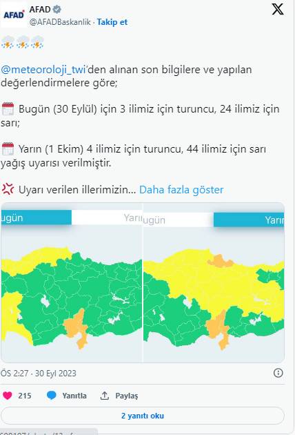 Bakan Özhaseki istirham ediyorum diyerek, Meteoroloji ve AFAD acil kodu uyarısı ile 40 il sarı 4 il Turuncu kodu ile uyarılar peş peşe geldi 11