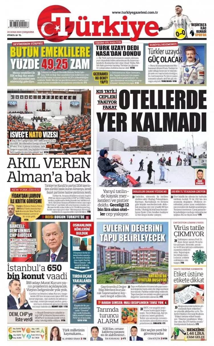 DEM Parti CHP'den  İBB'de eş başkanlık istiyor, 24 Ocak  Çarşamba Gazete manşetleri 1