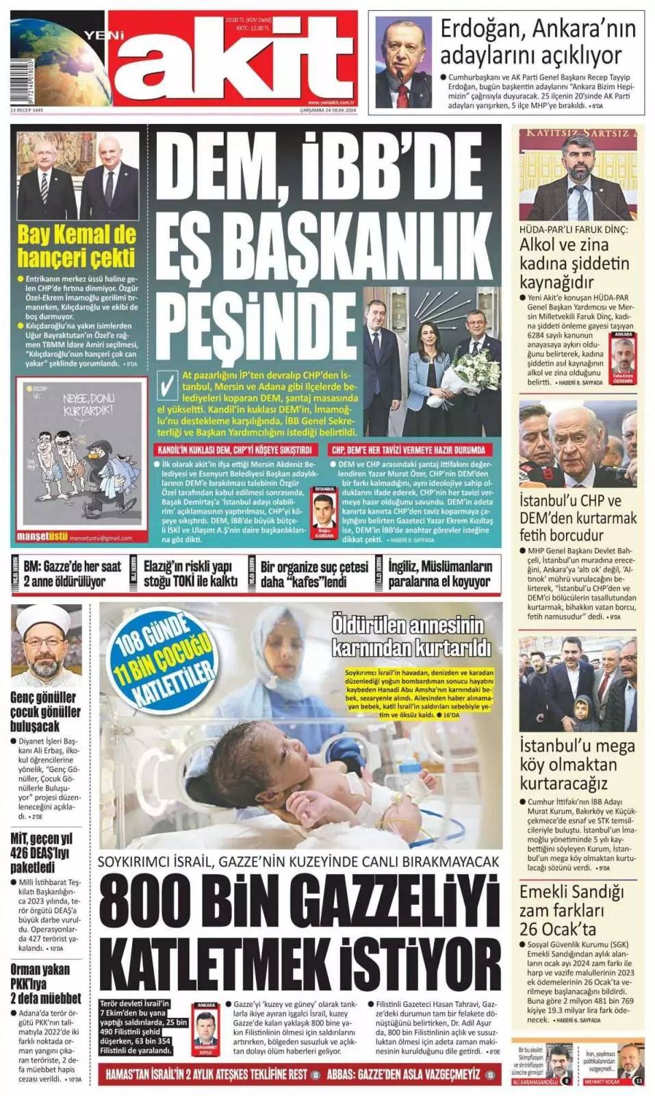 DEM Parti CHP'den  İBB'de eş başkanlık istiyor, 24 Ocak  Çarşamba Gazete manşetleri 4