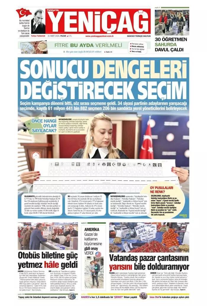 Türk halkı yerel yöneticilerini, seçmek için sandığa gidiyor, 31 Mart 2024 Pazar gazete manşetleri 18