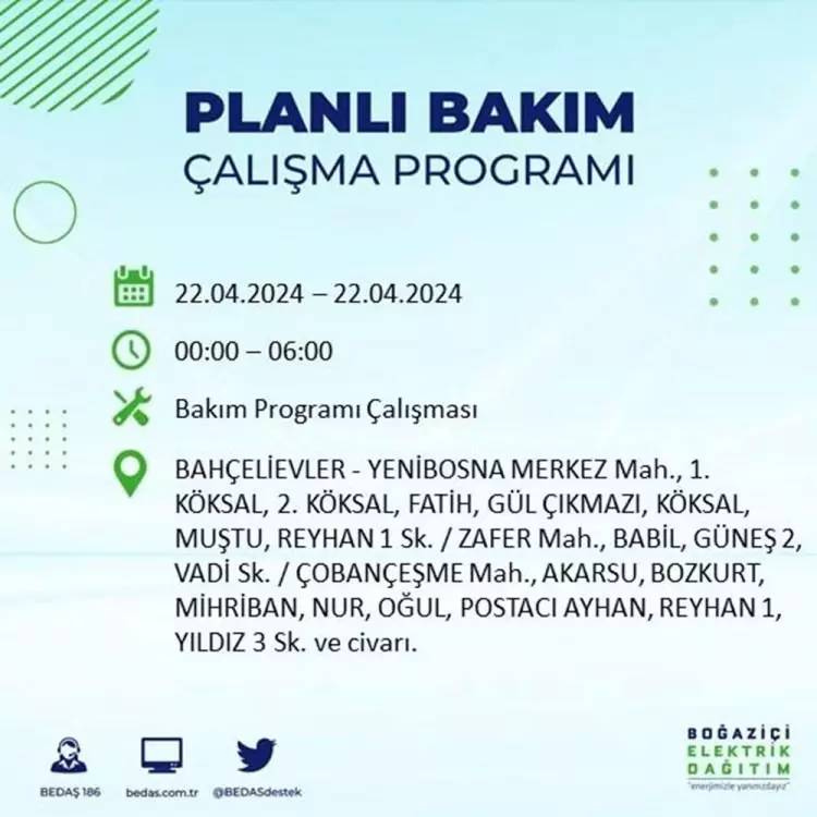 İstanbullular dikkat! BEDAŞ gün ve saat vererek uyardı! 22 Nisan Pazartesi 18 ilçe karanlığa gömülecek, İşte o ilçeler... 13