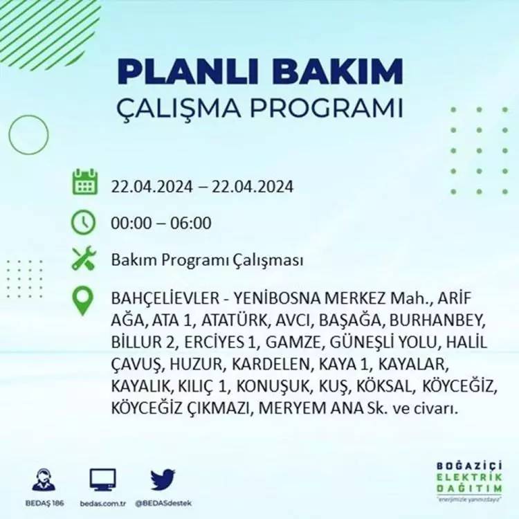 İstanbullular dikkat! BEDAŞ gün ve saat vererek uyardı! 22 Nisan Pazartesi 18 ilçe karanlığa gömülecek, İşte o ilçeler... 19