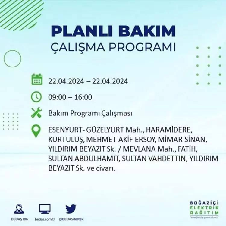 İstanbullular dikkat! BEDAŞ gün ve saat vererek uyardı! 22 Nisan Pazartesi 18 ilçe karanlığa gömülecek, İşte o ilçeler... 35