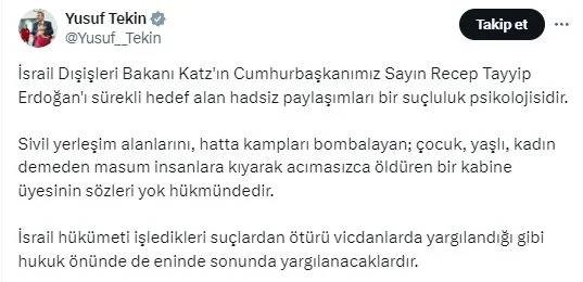 İsrail Dışişleri Bakanı Katz'ın yaptığı alçak paylaşıma tepkiler çığ gibi büyüyor: 'Buraya bak katil, ruh hastası' 16