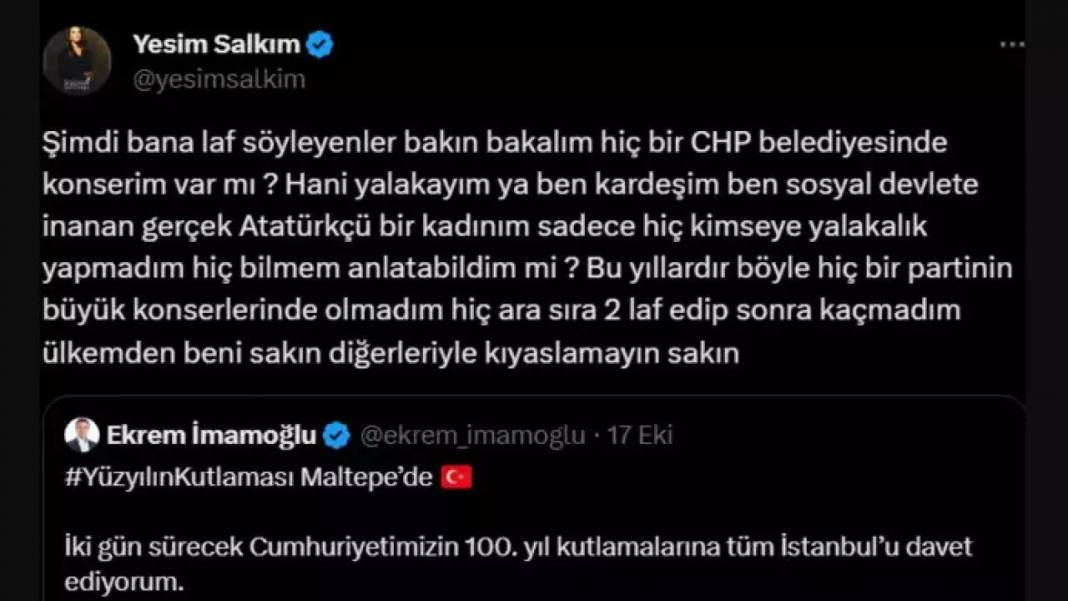 Yeşim Salkım Cumhuriyetin 100. yıl 29 Ekim kutlamalarına çağırılmayınca İmamoğlu'na ateş püskürdü! 'Ben yalakayım ya'! 2