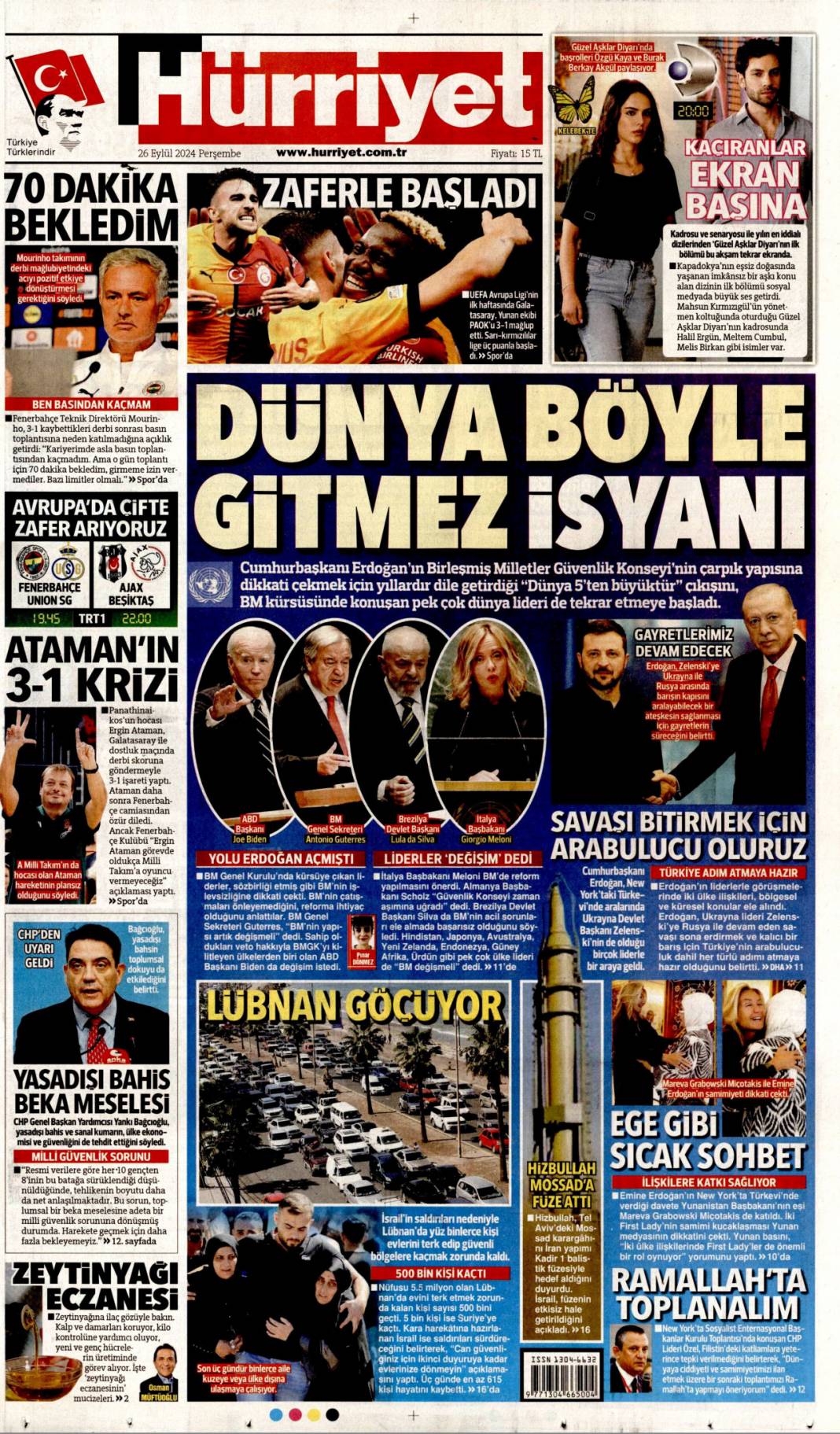 Dünya böyle gitmez isyanı! 26 Eylül 2024 Perşembe gazete manşetleri 1