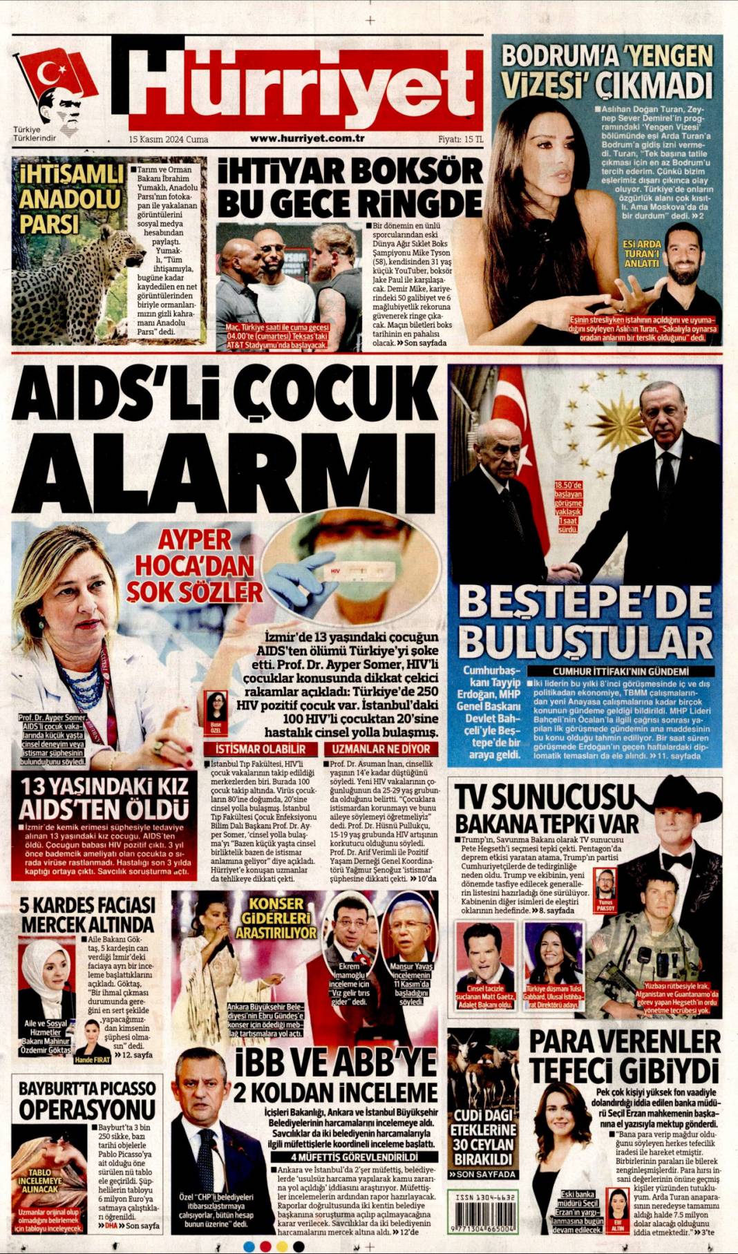 AIDS'li çocuk alarmı! Ayper hocadan şok sözler: 15 Kasım 2024 Cuma gazete manşetleri 1