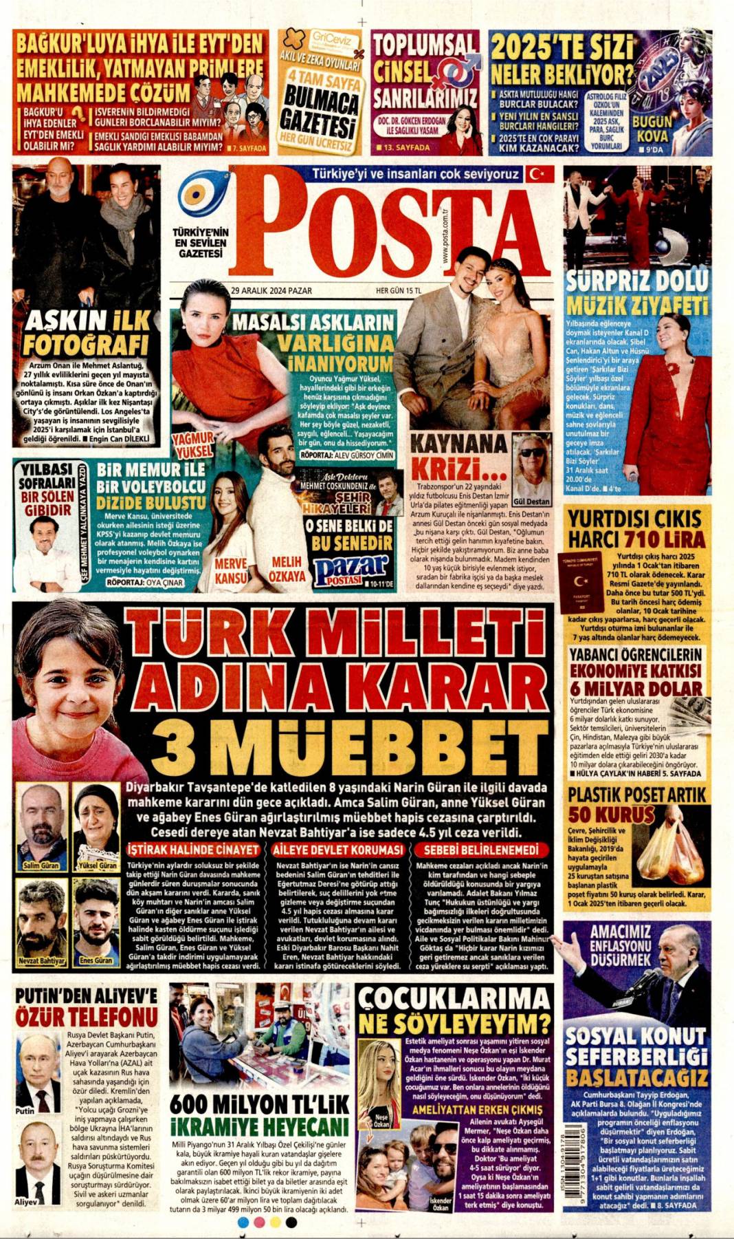 Türk milleti adına karar! Narin Güran davasında 3 Müebbet: 29 Aralık 2024 Pazar gazete manşetleri 1