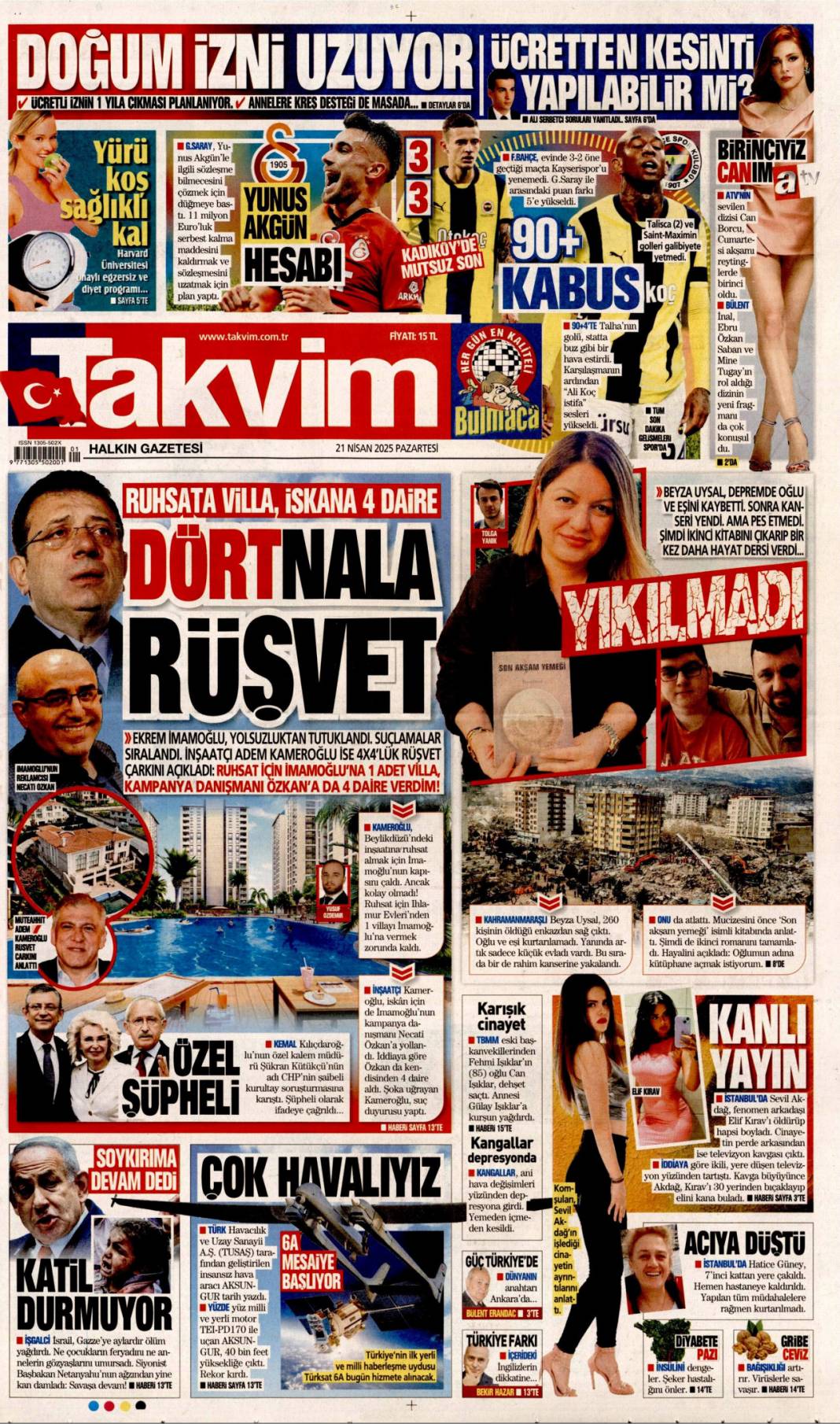 Ruhsata villa, iskana 4 daire: Dört nala rüşvet! 21 Nisan 2025 Pazartesi, Gazete manşetleri 1