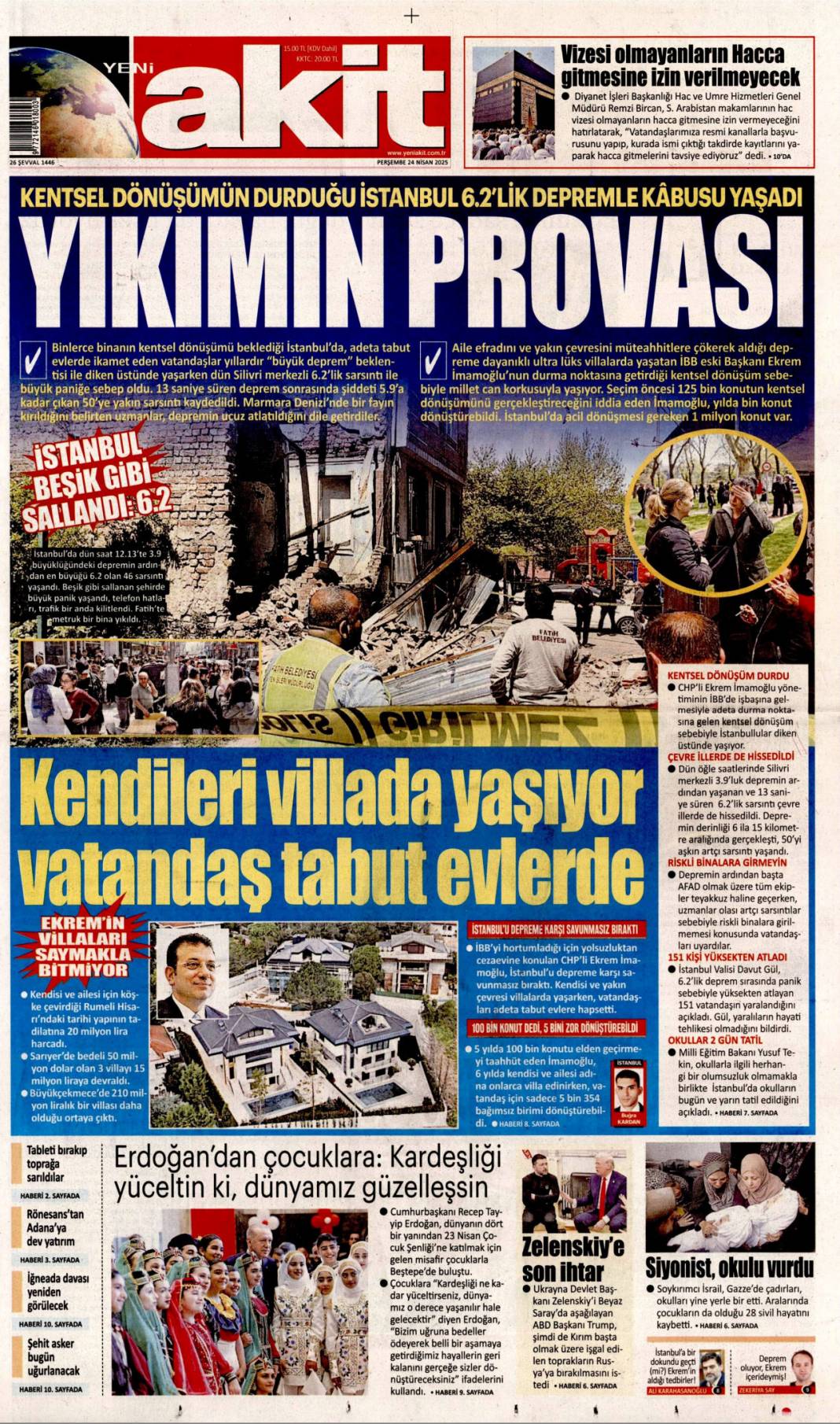 Felaketin provası: Fena sallandık! 24 Nisan 2025 Perşembe, gazete manşetleri 9