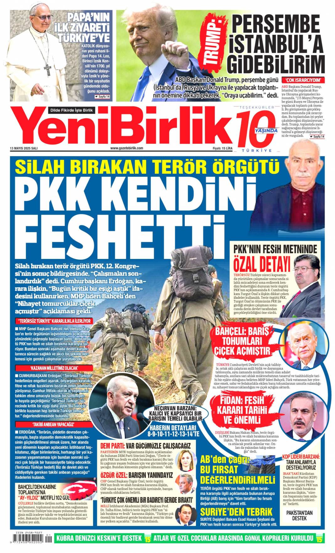 50 Yıllık terör devri kapandı! PKK kendini feshetti: 13 Mayıs gazete manşetleri 14