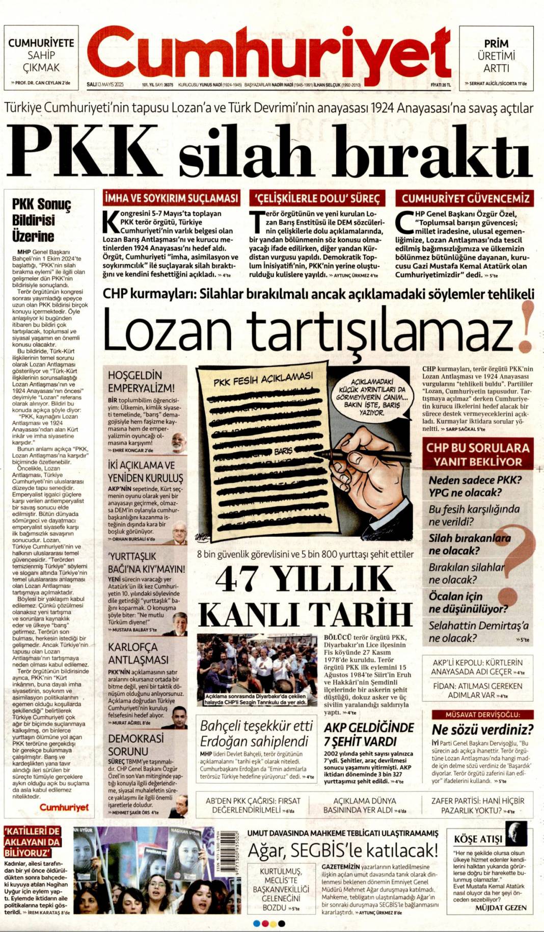 50 Yıllık terör devri kapandı! PKK kendini feshetti: 13 Mayıs gazete manşetleri 4