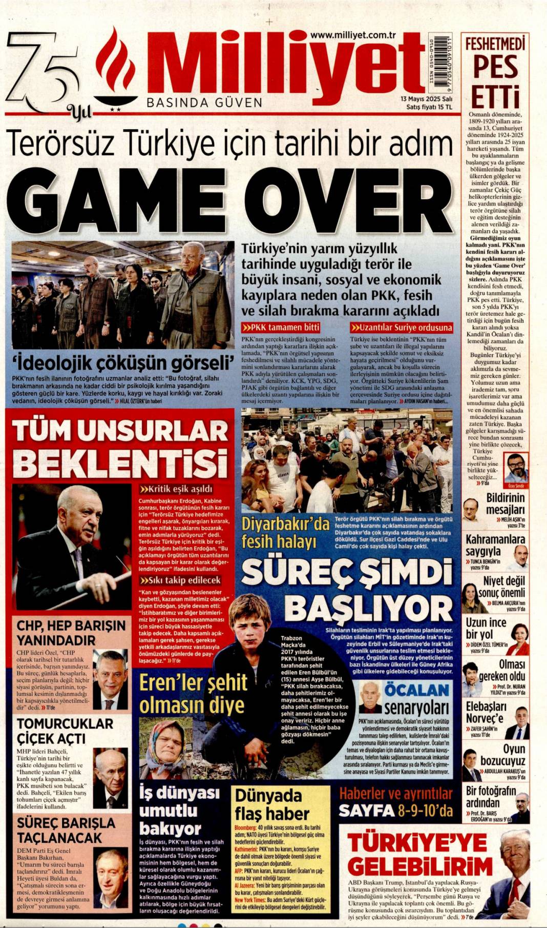 50 Yıllık terör devri kapandı! PKK kendini feshetti: 13 Mayıs gazete manşetleri 9
