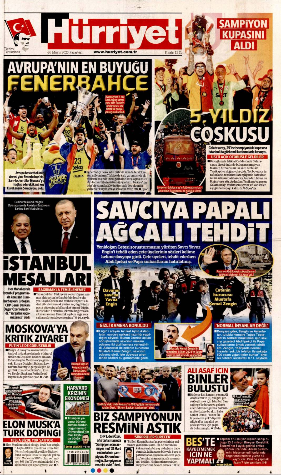 Savcıya Papalı Ağacalı tehdit: 26 Mayıs 2025 Pazartesi, güncel gazete manşetleri 1