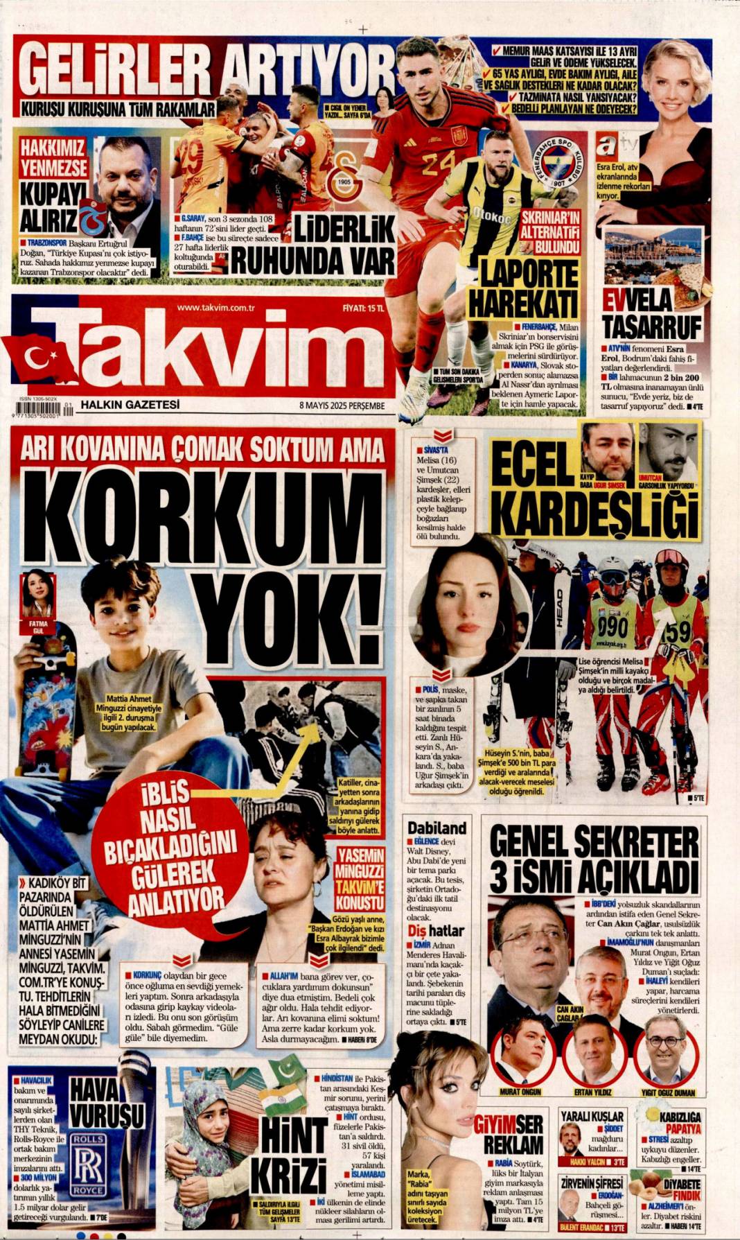 Arı kovanına çomak soktum ama korkum yok: 8 Mayıs 2025 Perşembe gazete manşetleri... 1