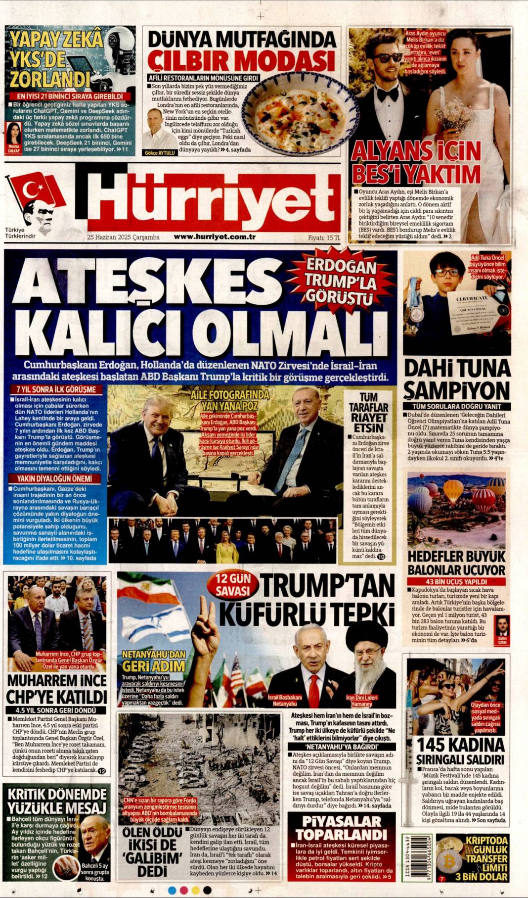 Ateşkes kalıcı olmalı! Başkan Erdoğan Trump ile görüştü: 25 Haziran 2025 gazete manşetleri 1
