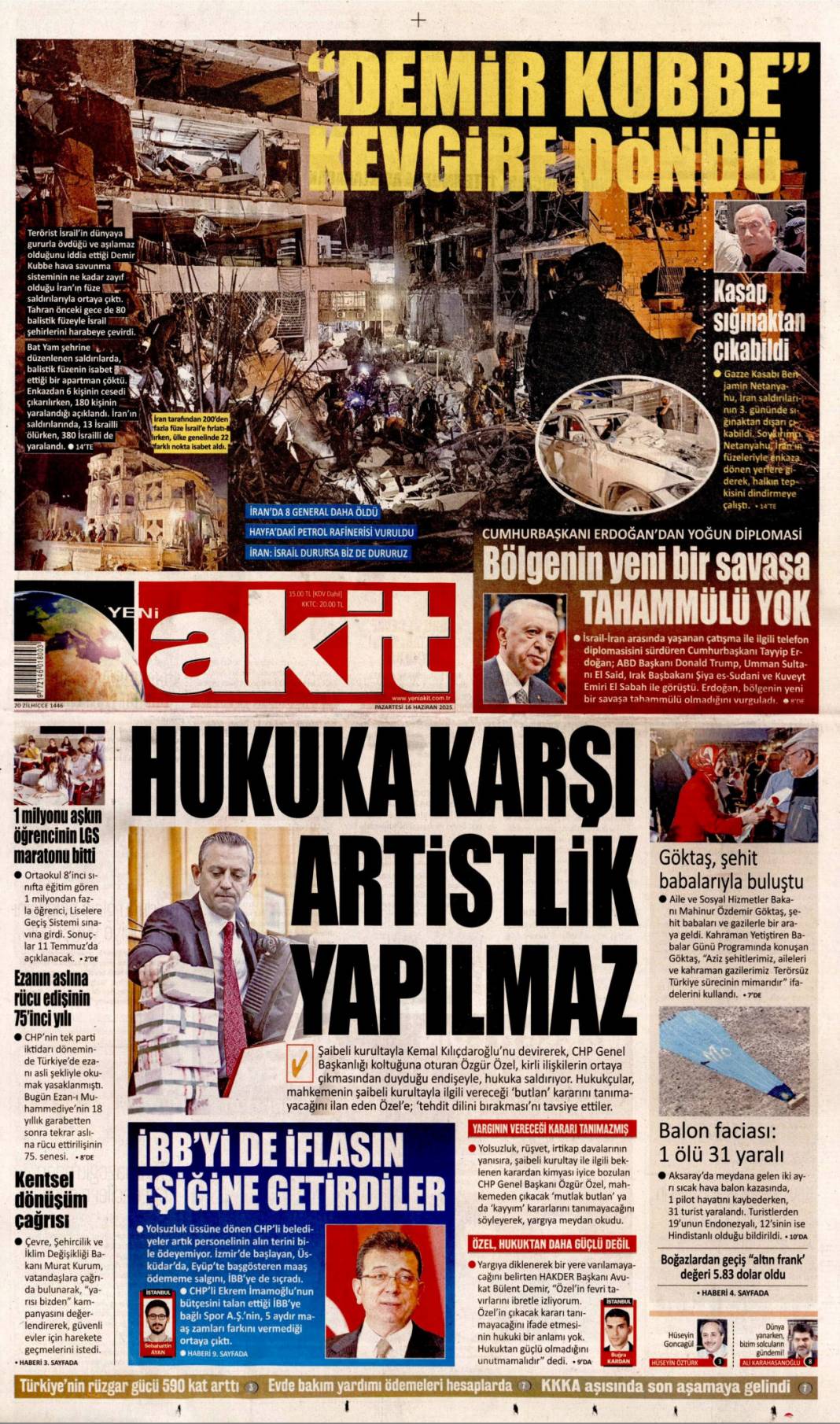 Uçak ve füze savaşı, İsrail ve İran alev alev: 16 Haziran 2025 gazete manşetleri 10