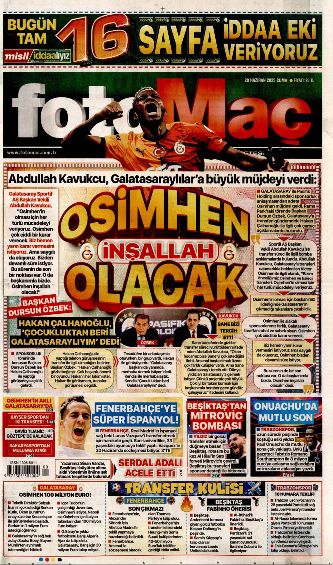 Kardeşlik mahallesi, 250 bininci konut sahibine teslim: 20 Haziran 2025 gazete manşetleri 20