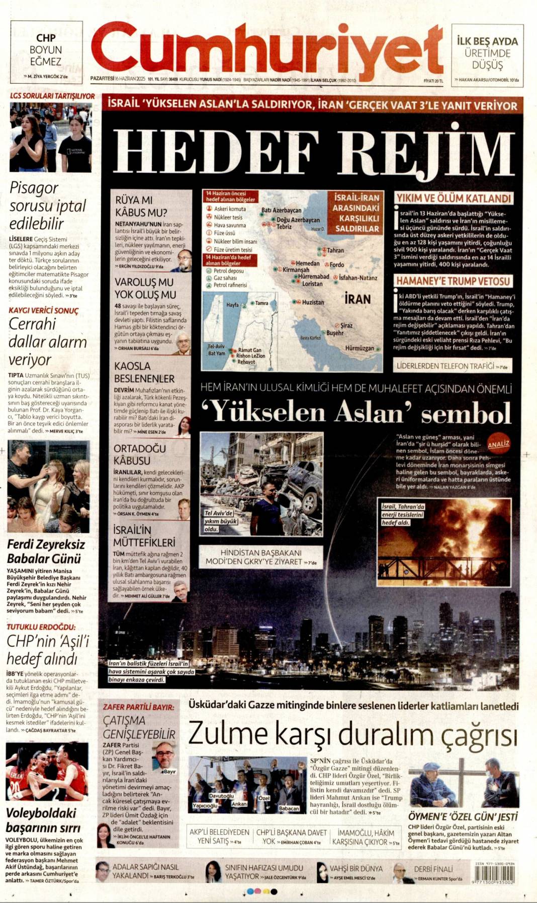 Uçak ve füze savaşı, İsrail ve İran alev alev: 16 Haziran 2025 gazete manşetleri 5