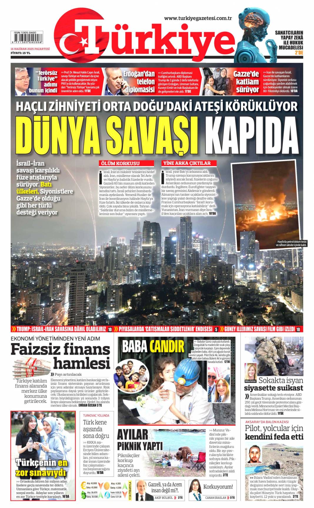 Uçak ve füze savaşı, İsrail ve İran alev alev: 16 Haziran 2025 gazete manşetleri 6