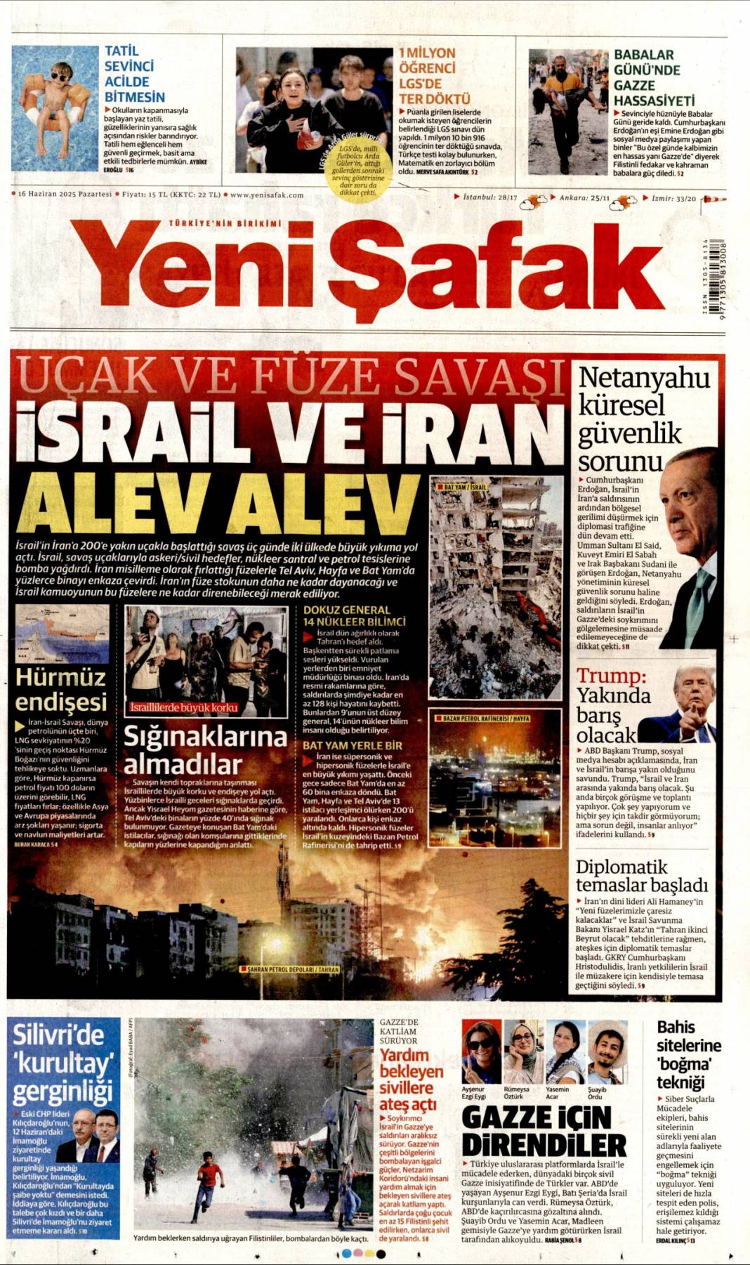 Uçak ve füze savaşı, İsrail ve İran alev alev: 16 Haziran 2025 gazete manşetleri 1