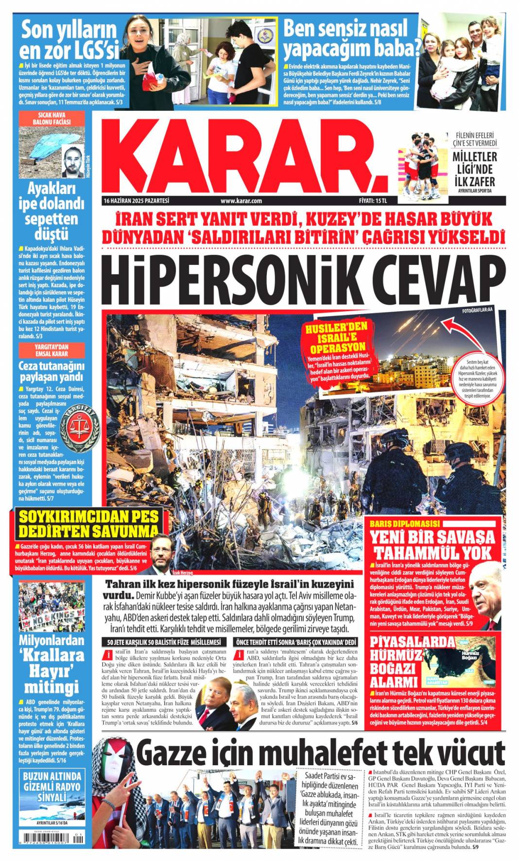 Uçak ve füze savaşı, İsrail ve İran alev alev: 16 Haziran 2025 gazete manşetleri 7