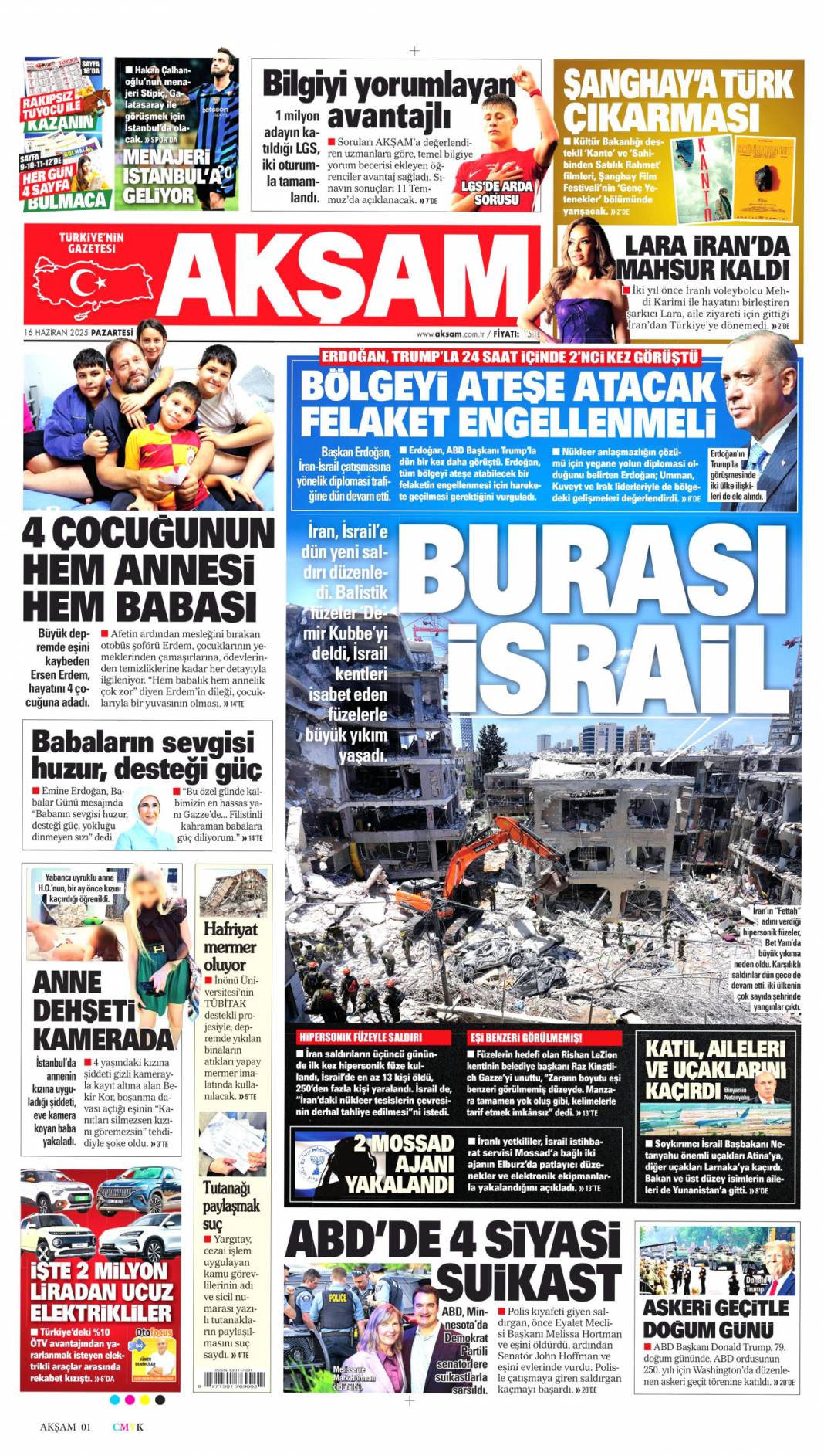 Uçak ve füze savaşı, İsrail ve İran alev alev: 16 Haziran 2025 gazete manşetleri 8