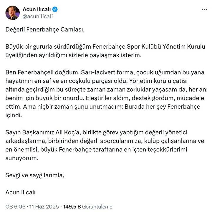 Fenerbahçe'de Mourinho istifası: Acun Ilıcalı yönetim kurulu üyeliğinden istifa etti 5