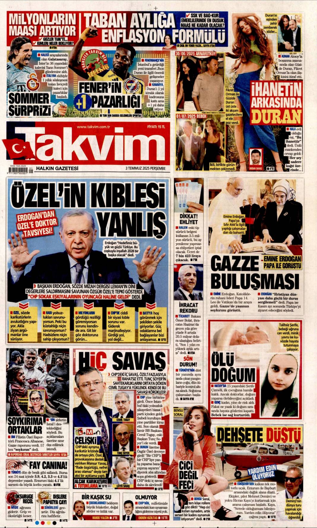 Özel'in Kiblesi yanlış! Erdoğan'dan Özel'e doktor tavsiyesi: 3 Temmuz gazete manşetleri 1