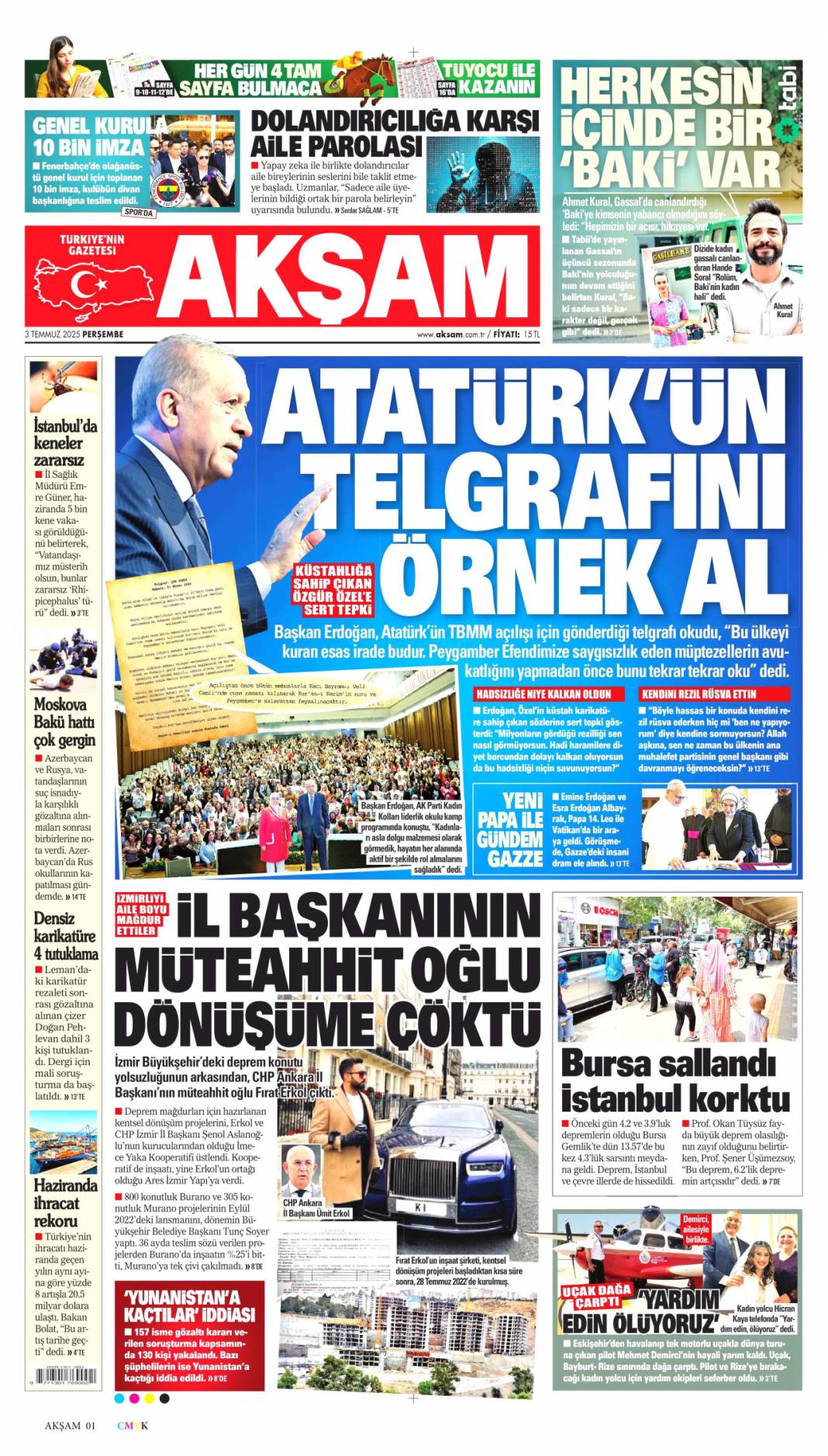 Özel'in Kiblesi yanlış! Erdoğan'dan Özel'e doktor tavsiyesi: 3 Temmuz gazete manşetleri 12