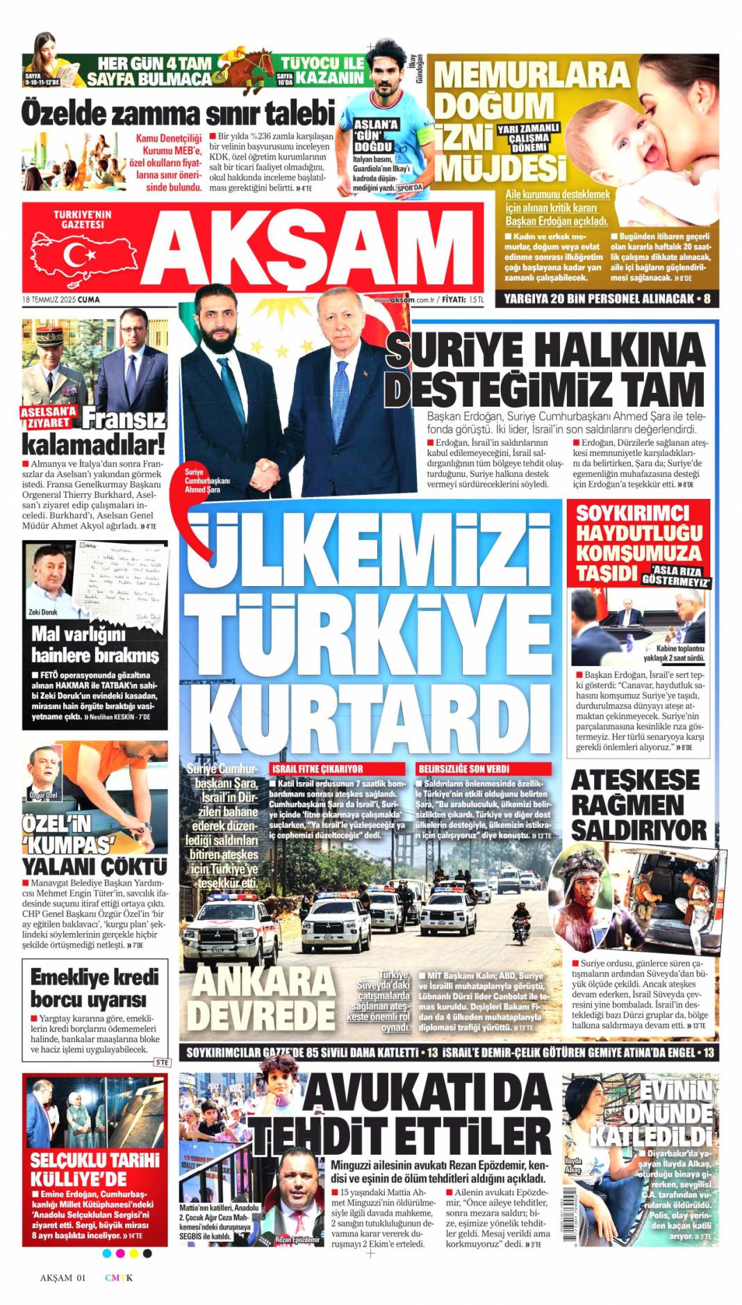 Suriye'yi böldürtmeyiz: 18 Temmuz 2025 Cuma, güncel gazete manşetleri 2