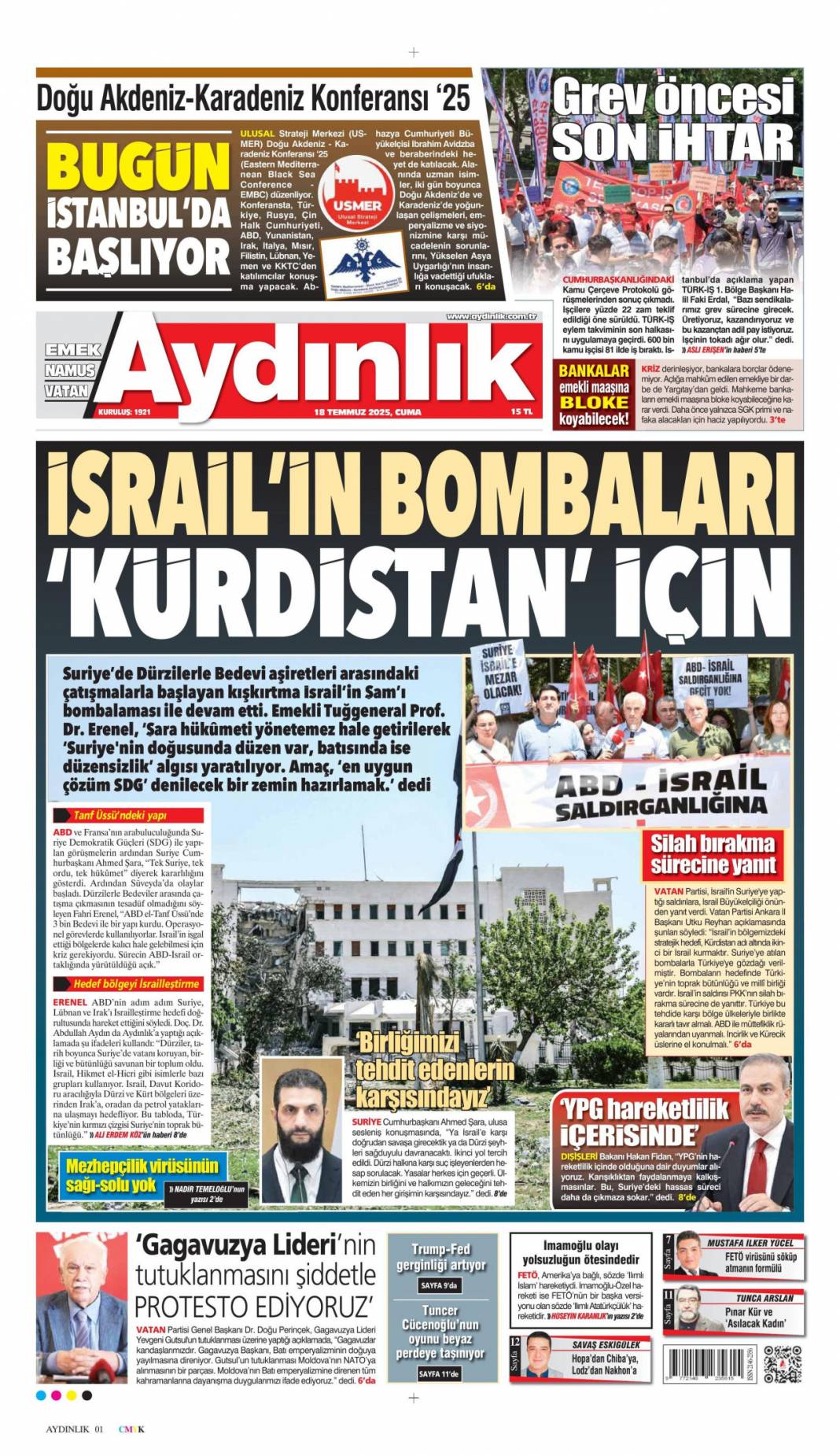 Suriye'yi böldürtmeyiz: 18 Temmuz 2025 Cuma, güncel gazete manşetleri 3