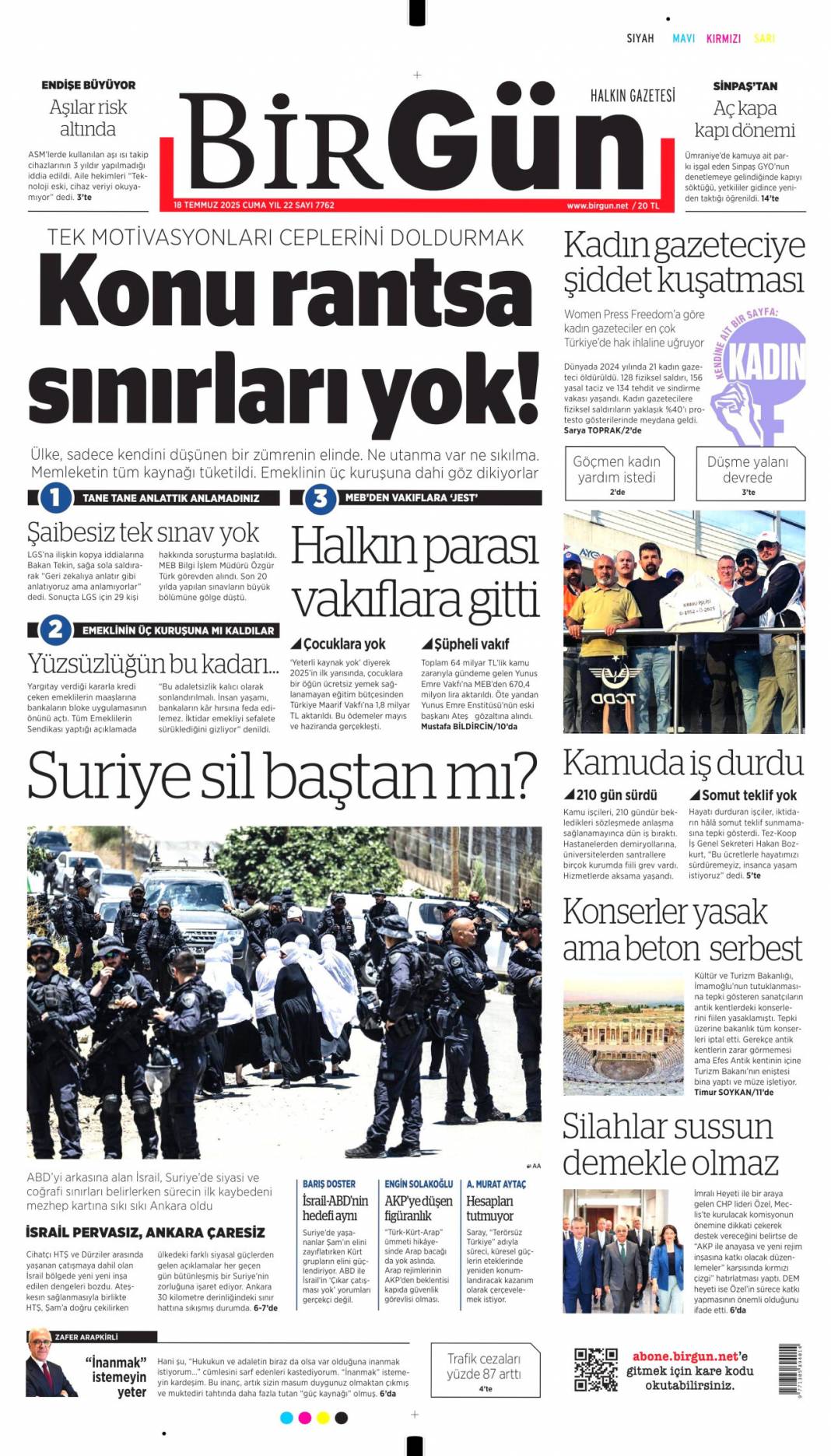 Suriye'yi böldürtmeyiz: 18 Temmuz 2025 Cuma, güncel gazete manşetleri 4