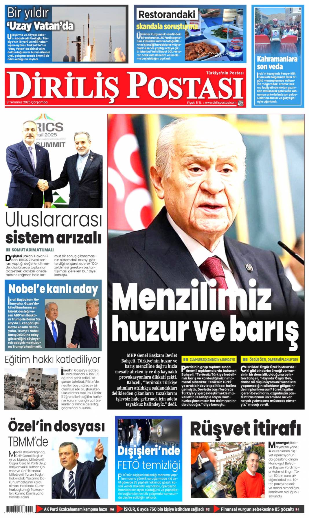 Katliamcıdan nobel gazı: 9 Temmuz 2025 Çarşamba, güncel gazete manşetleri... 20