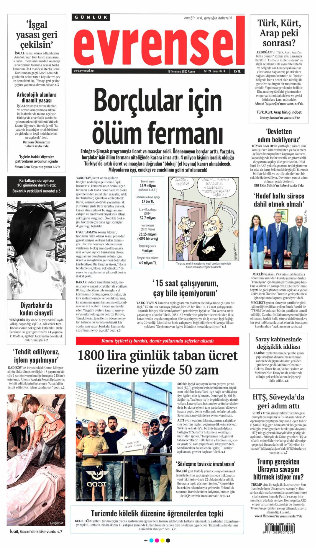 Suriye'yi böldürtmeyiz: 18 Temmuz 2025 Cuma, güncel gazete manşetleri 8