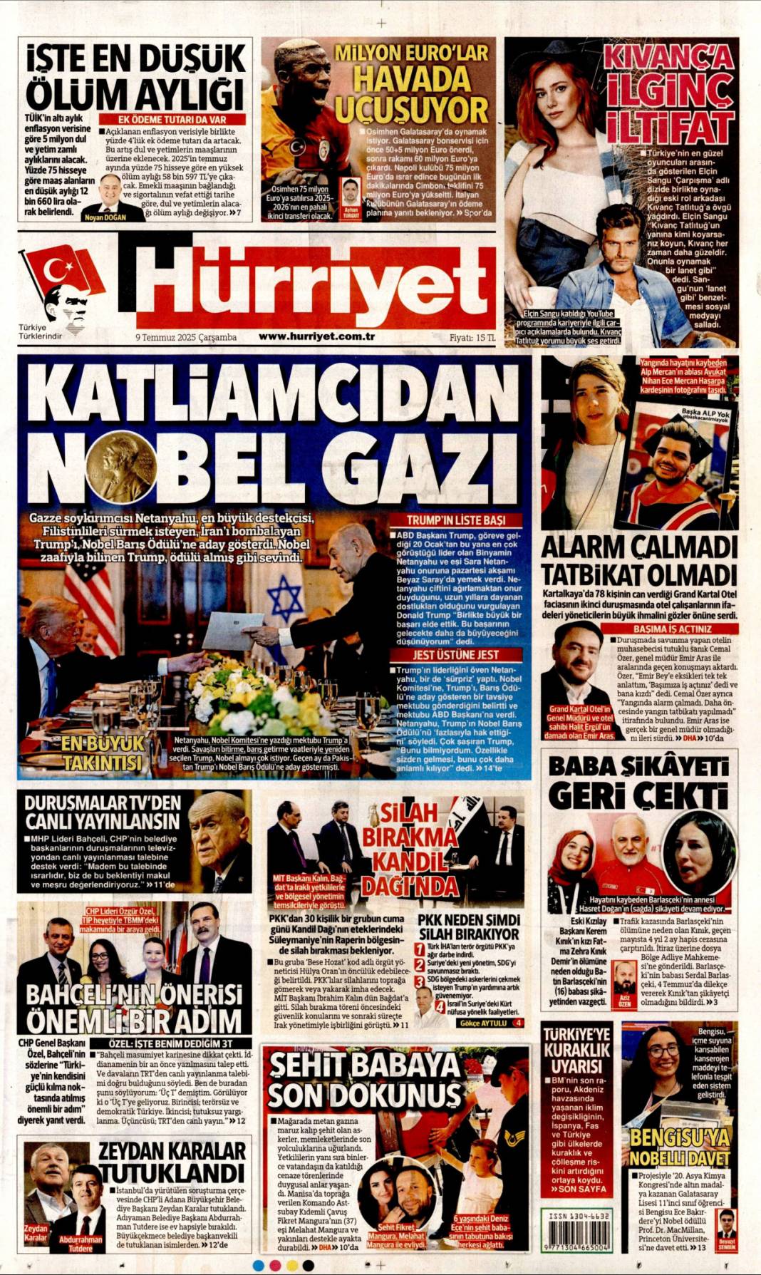 Katliamcıdan nobel gazı: 9 Temmuz 2025 Çarşamba, güncel gazete manşetleri... 1