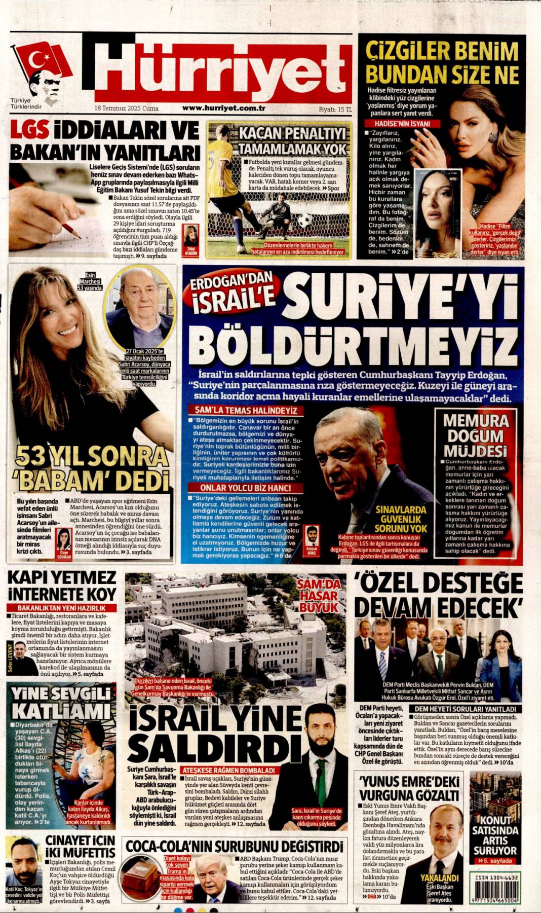 Suriye'yi böldürtmeyiz: 18 Temmuz 2025 Cuma, güncel gazete manşetleri 1