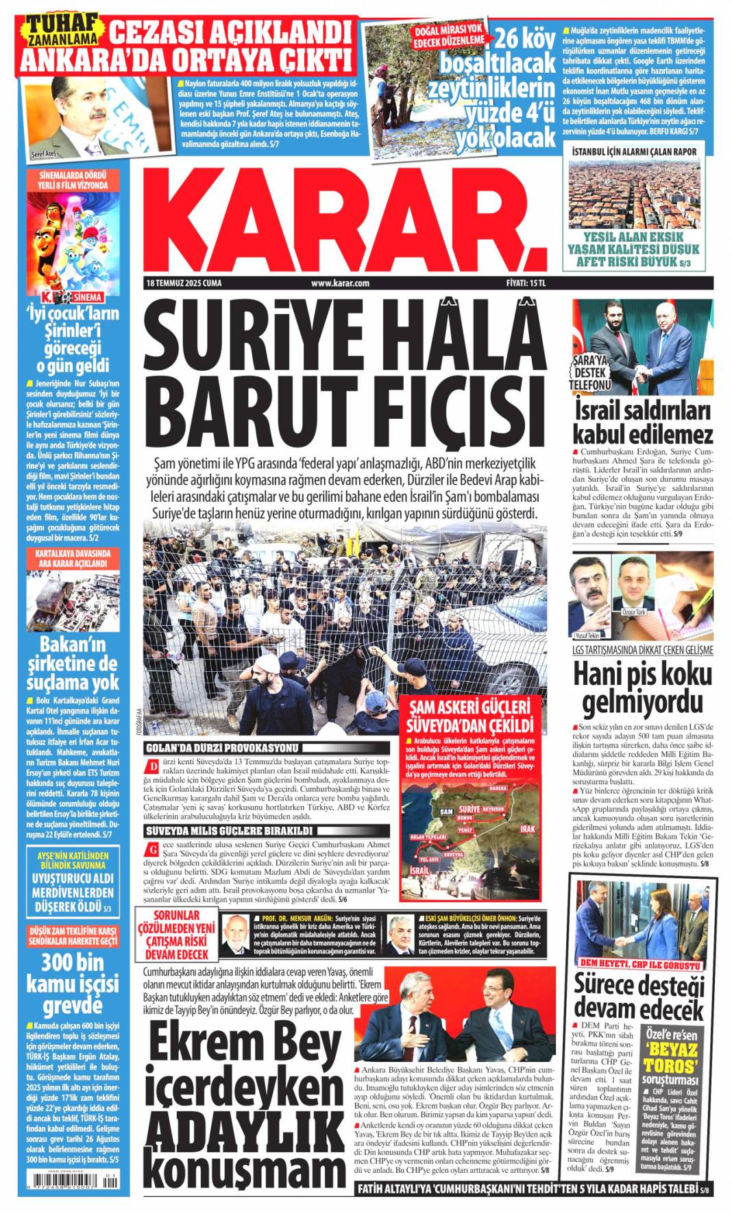 Suriye'yi böldürtmeyiz: 18 Temmuz 2025 Cuma, güncel gazete manşetleri 9