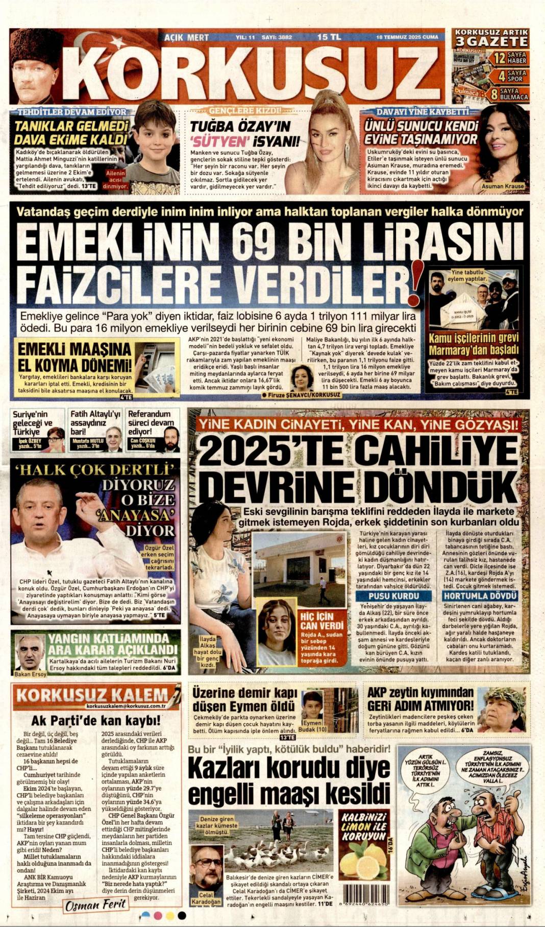 Suriye'yi böldürtmeyiz: 18 Temmuz 2025 Cuma, güncel gazete manşetleri 10