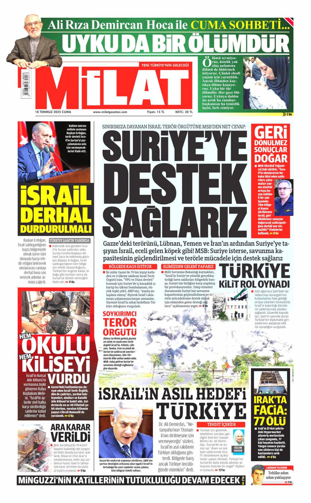 Suriye'yi böldürtmeyiz: 18 Temmuz 2025 Cuma, güncel gazete manşetleri 11
