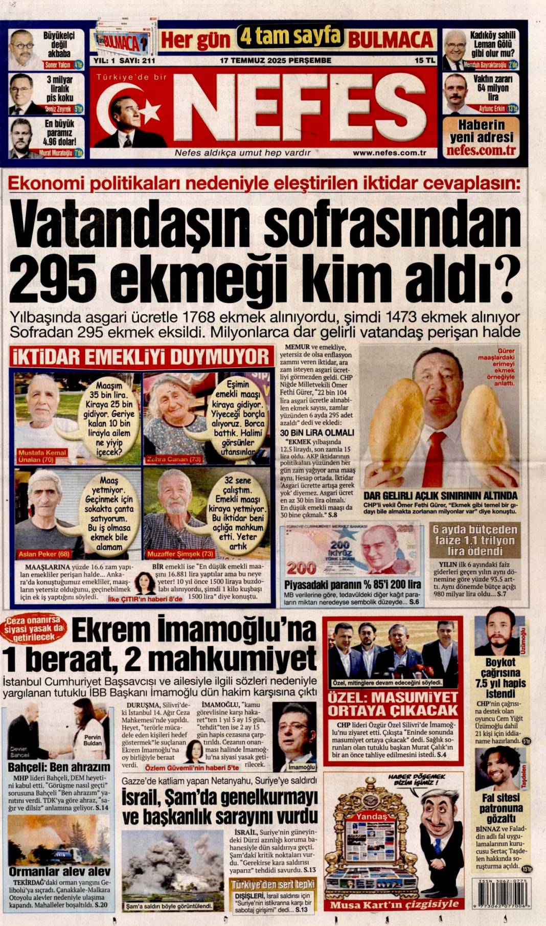 Siyonist katil ateşle oynuyor: 17 Temmuz 2025 Perşembe gazete manşetleri 15