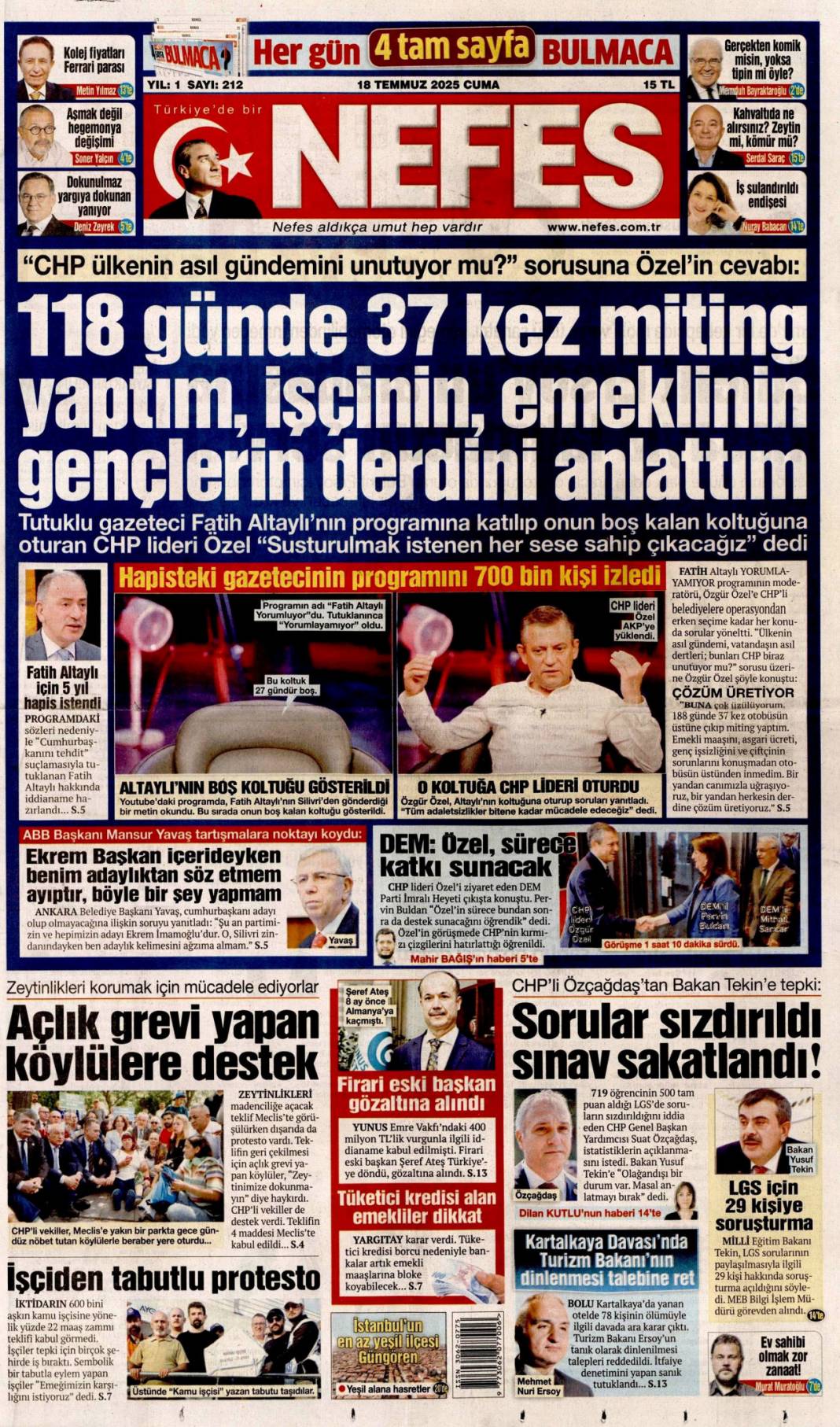 Suriye'yi böldürtmeyiz: 18 Temmuz 2025 Cuma, güncel gazete manşetleri 17