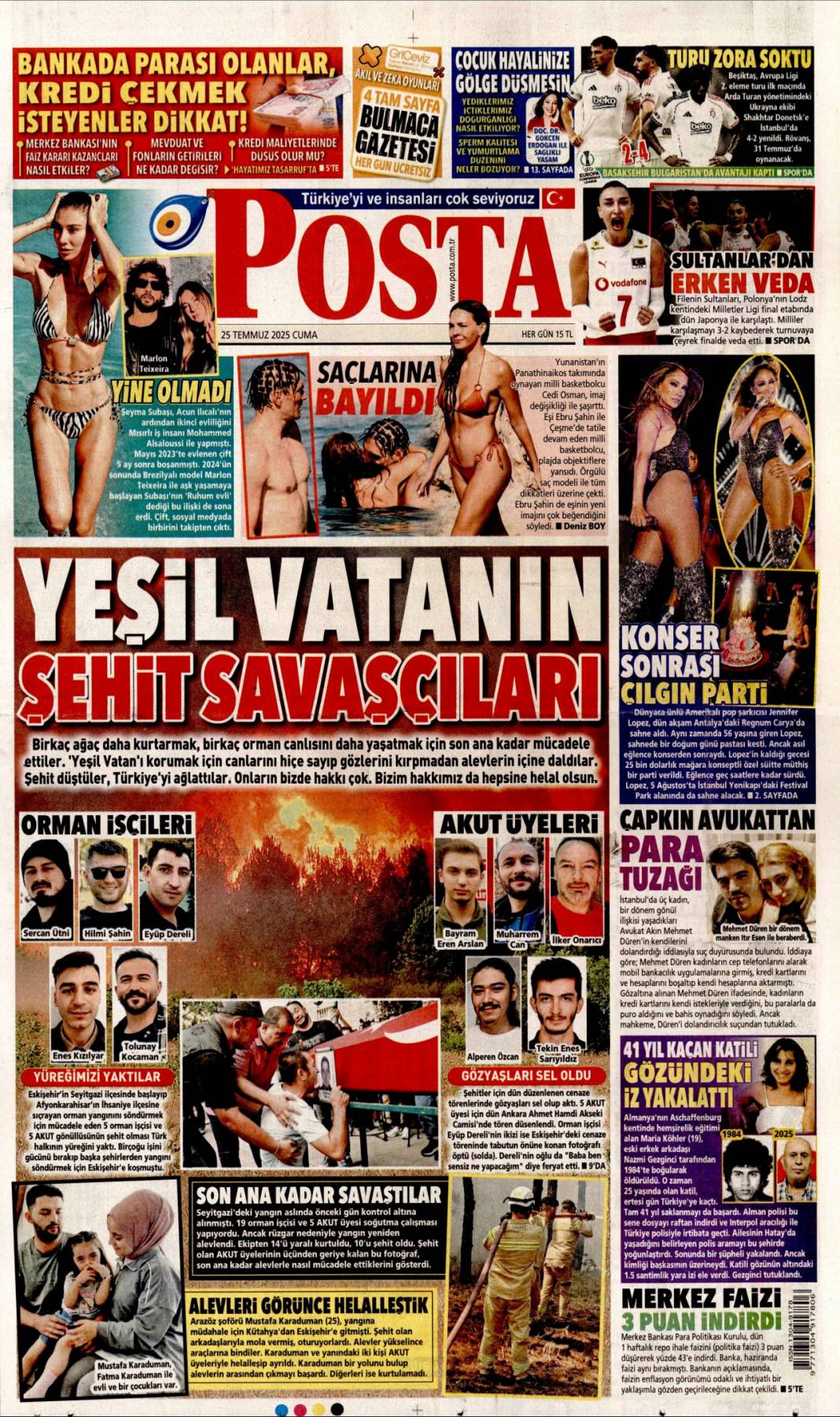 Vatan sevdalılarını yüreğimize gömdük: 25 Temmuz 2025 Cuma güncel gazete manşetleri 15