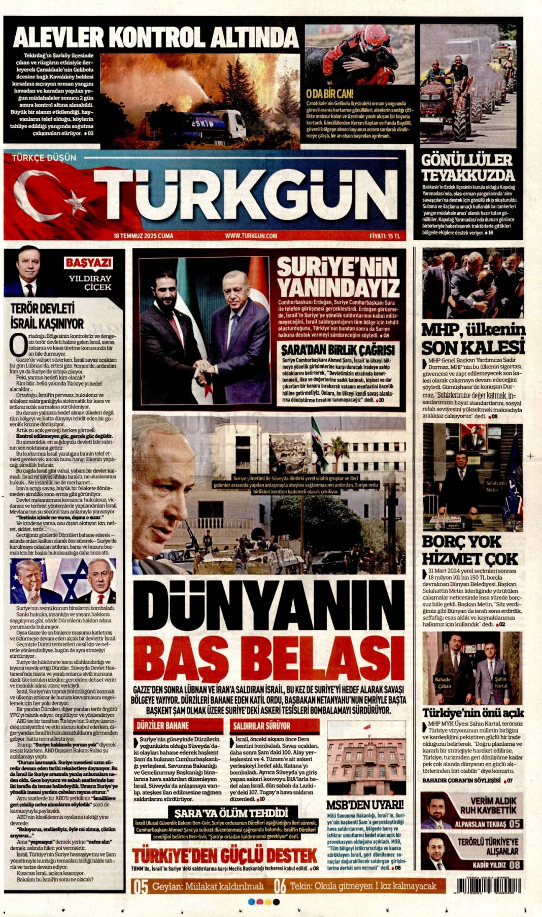Suriye'yi böldürtmeyiz: 18 Temmuz 2025 Cuma, güncel gazete manşetleri 19