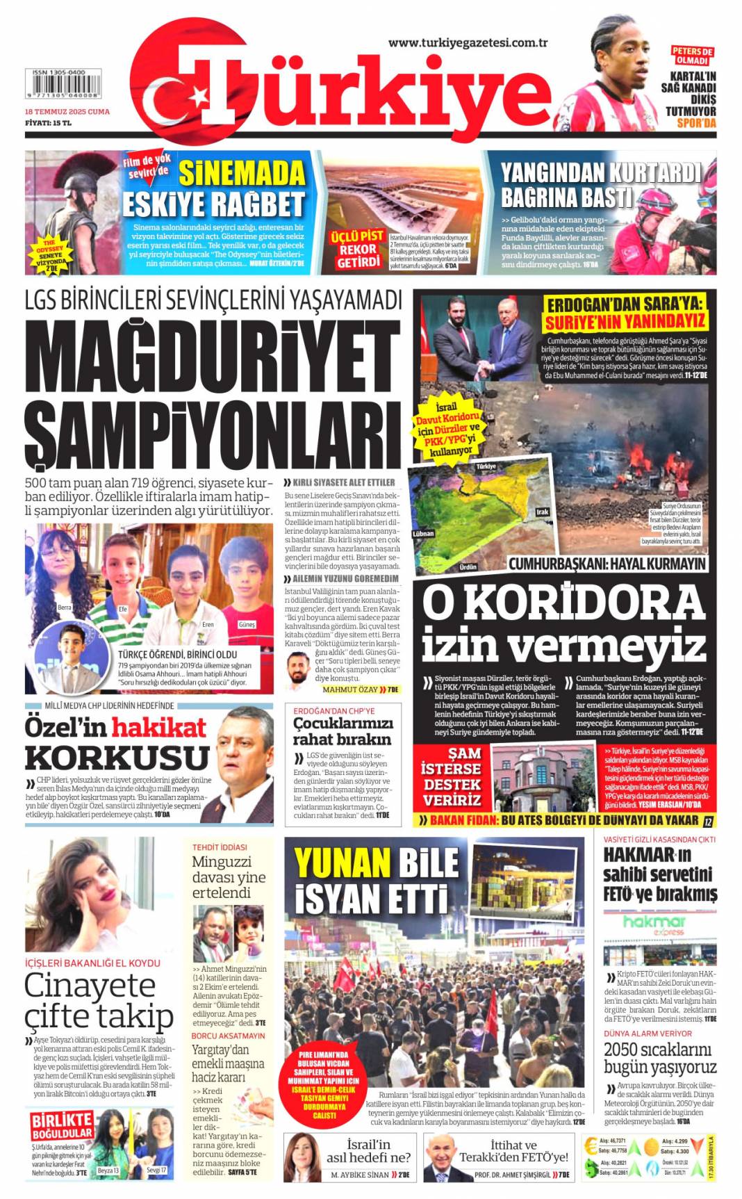 Suriye'yi böldürtmeyiz: 18 Temmuz 2025 Cuma, güncel gazete manşetleri 20