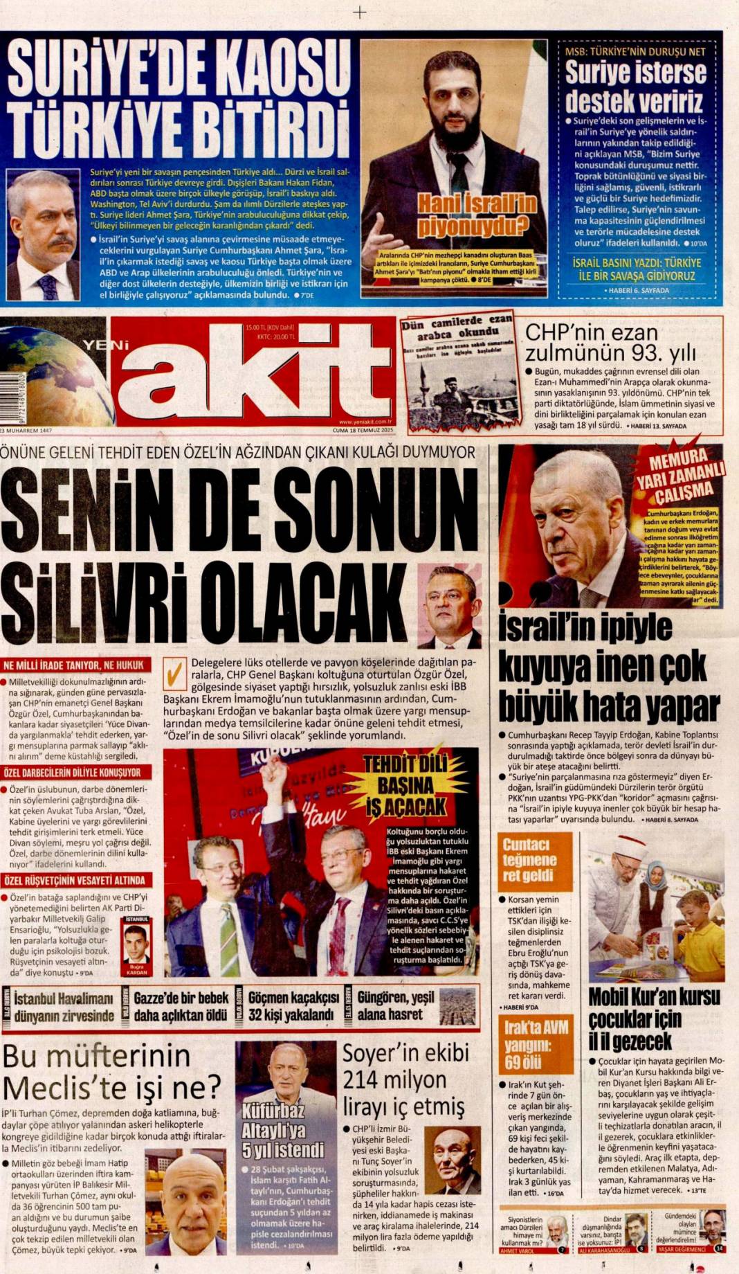 Suriye'yi böldürtmeyiz: 18 Temmuz 2025 Cuma, güncel gazete manşetleri 21