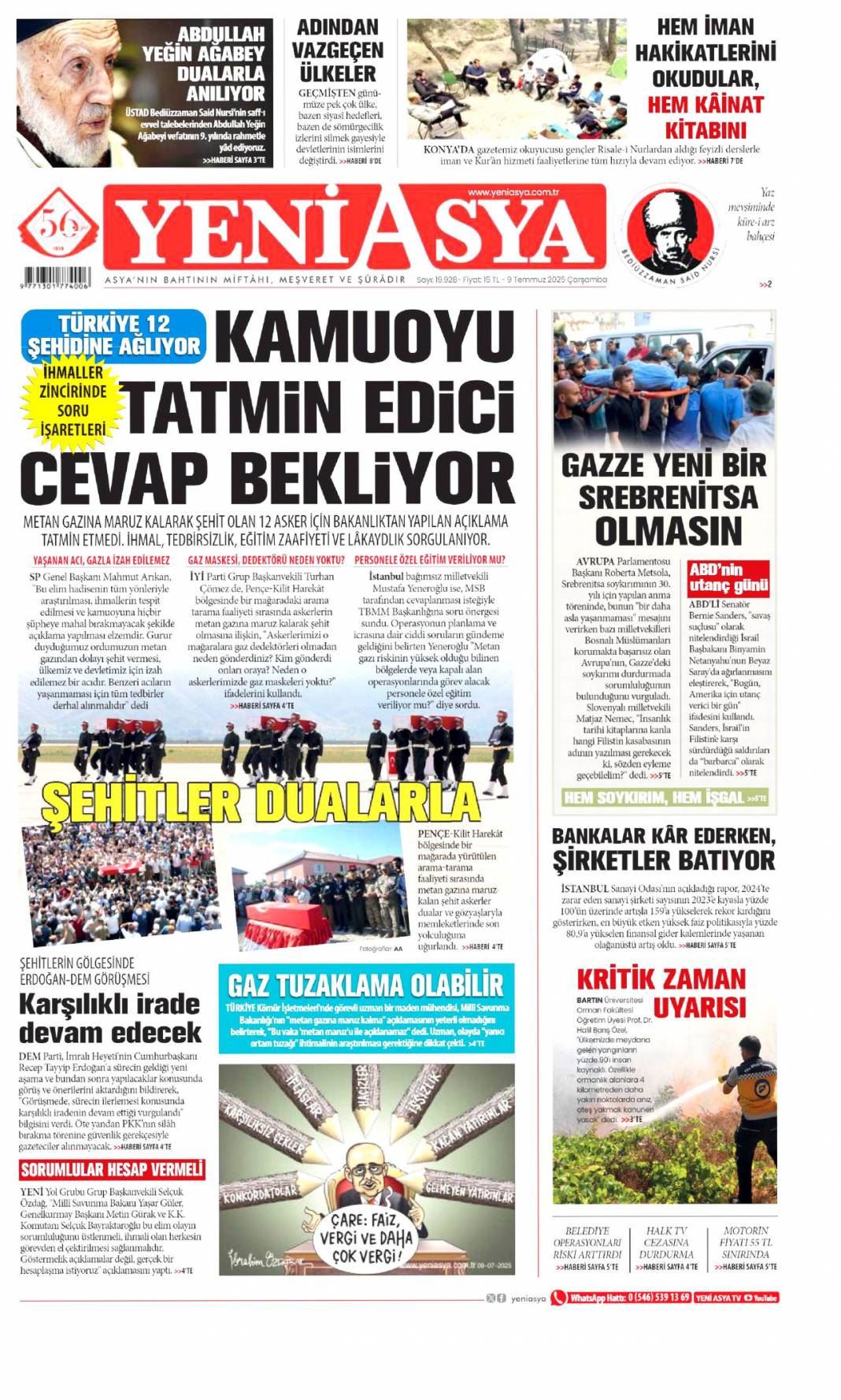 Katliamcıdan nobel gazı: 9 Temmuz 2025 Çarşamba, güncel gazete manşetleri... 9